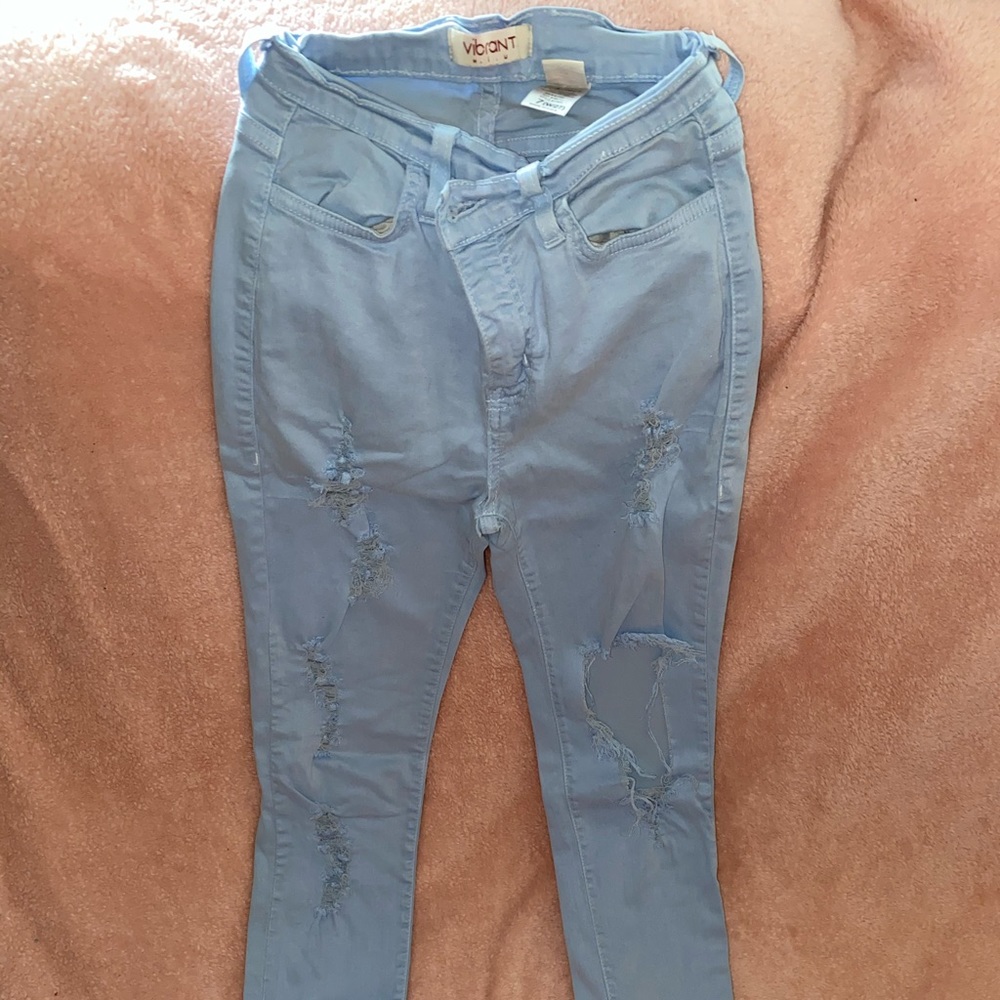 Light blue denim pants.